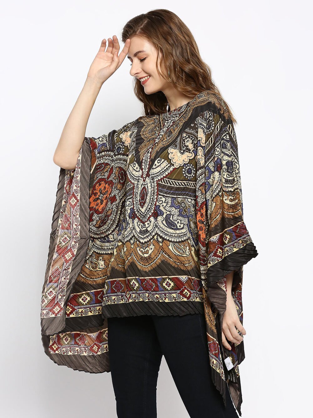 Black & Olive Color Printed Poncho - Image 7