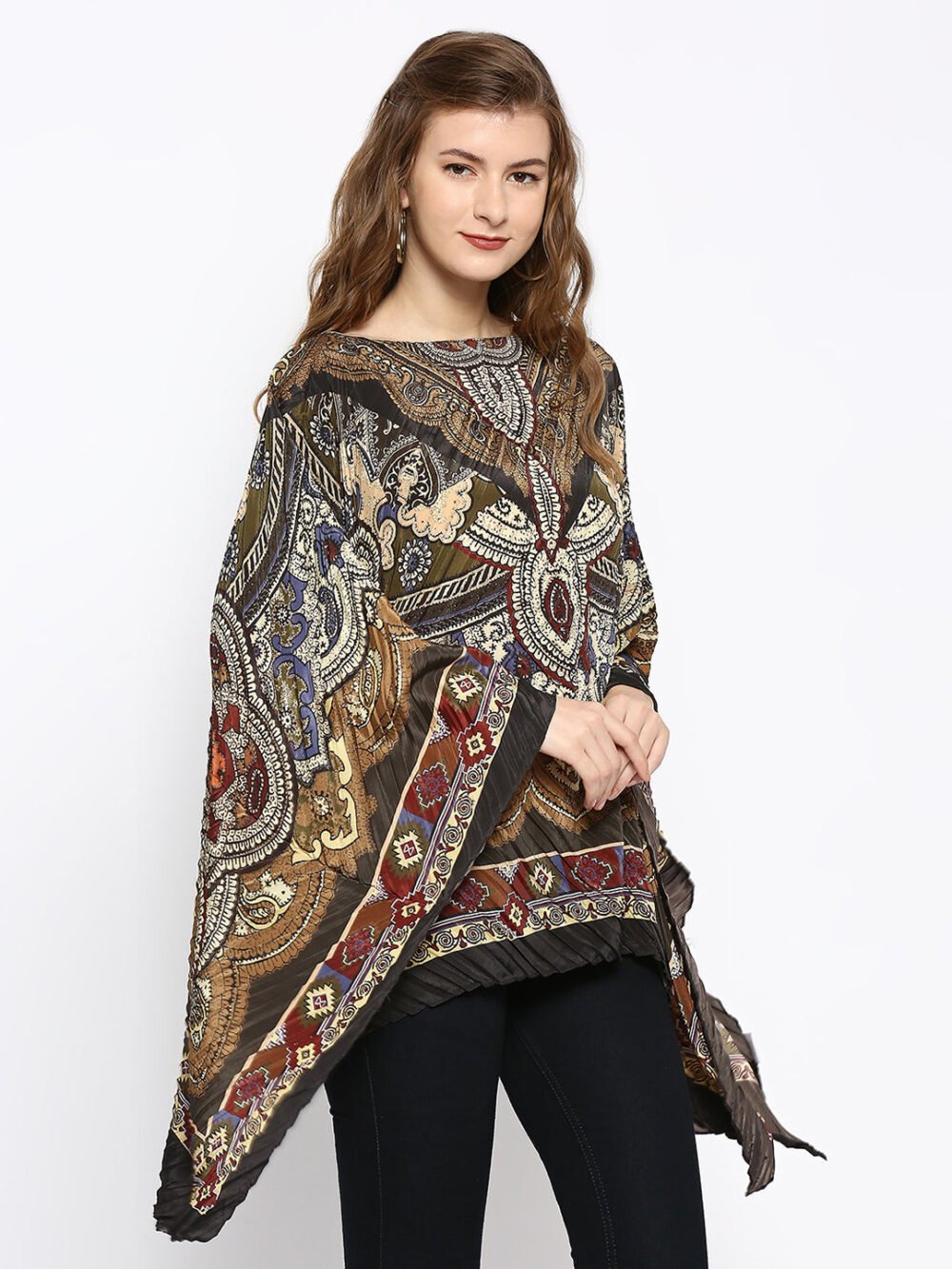 Black & Olive Color Printed Poncho - Image 2