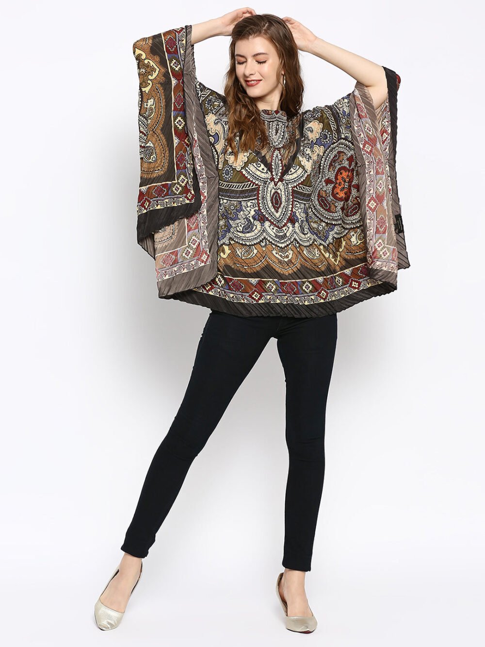 Black & Olive Color Printed Poncho - Image 3