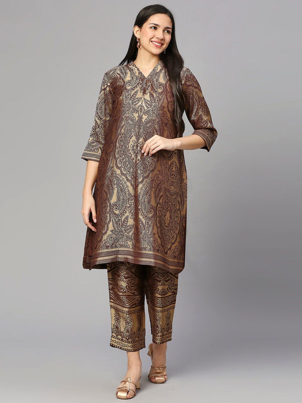 Brocade Pink Leaf Motif Design Kurta - Image 8
