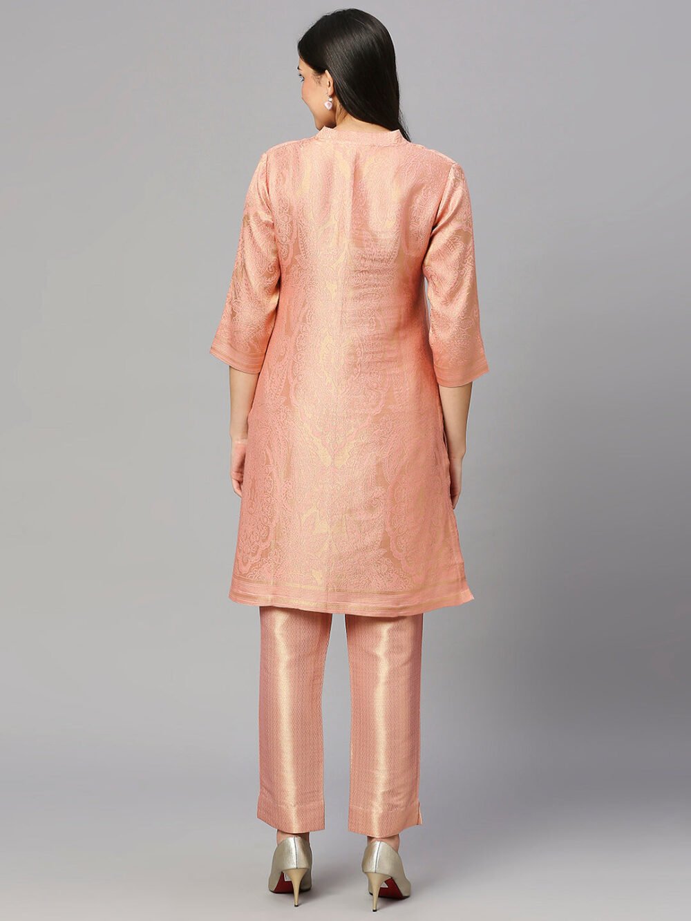 Brocade Pink Leaf Motif Design Kurta - Image 3