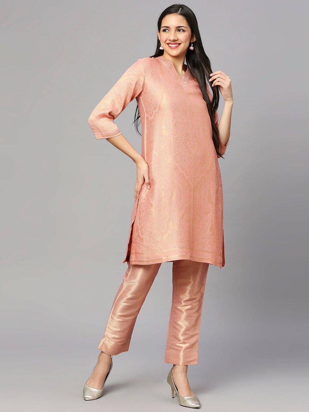 Brocade Pink Leaf Motif Design Kurta - Image 4