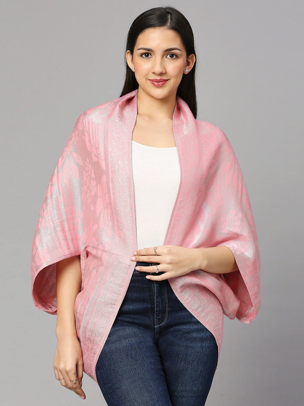 Floral Patterned Peach & Silver Shrug - Image 2
