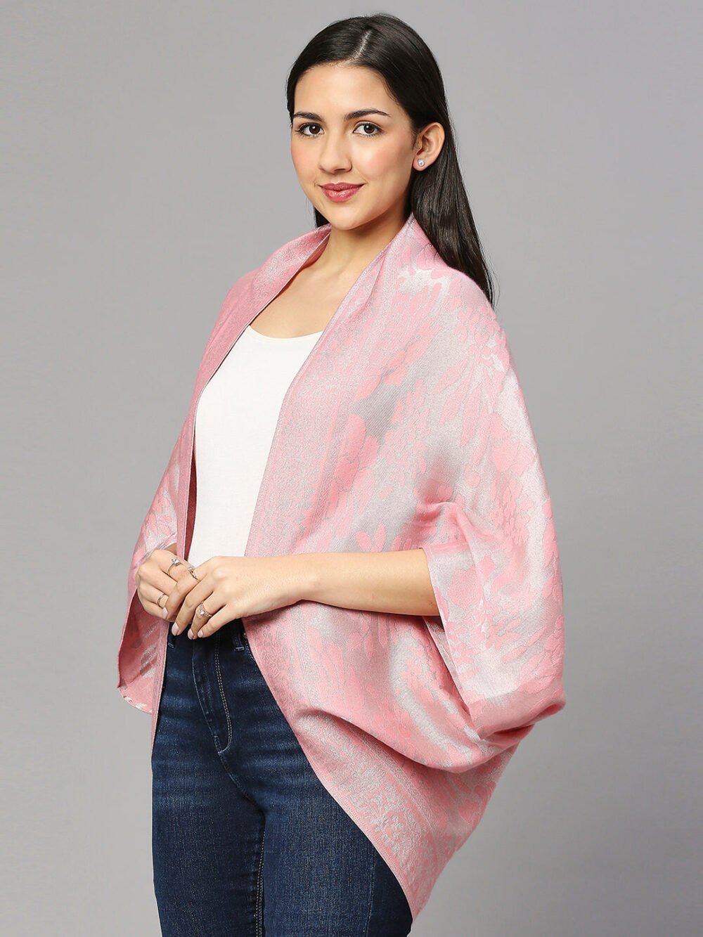 Floral Patterned Peach & Silver Shrug - Image 3