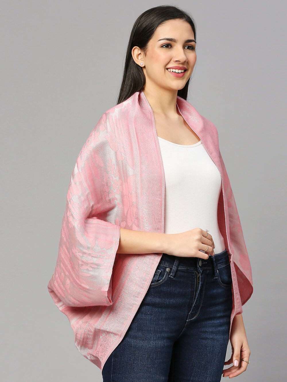 Floral Patterned Peach & Silver Shrug - Image 4
