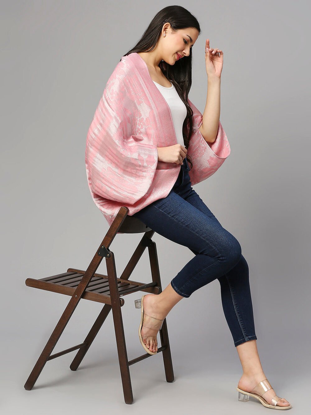 Floral Patterned Peach & Silver Shrug - Image 7
