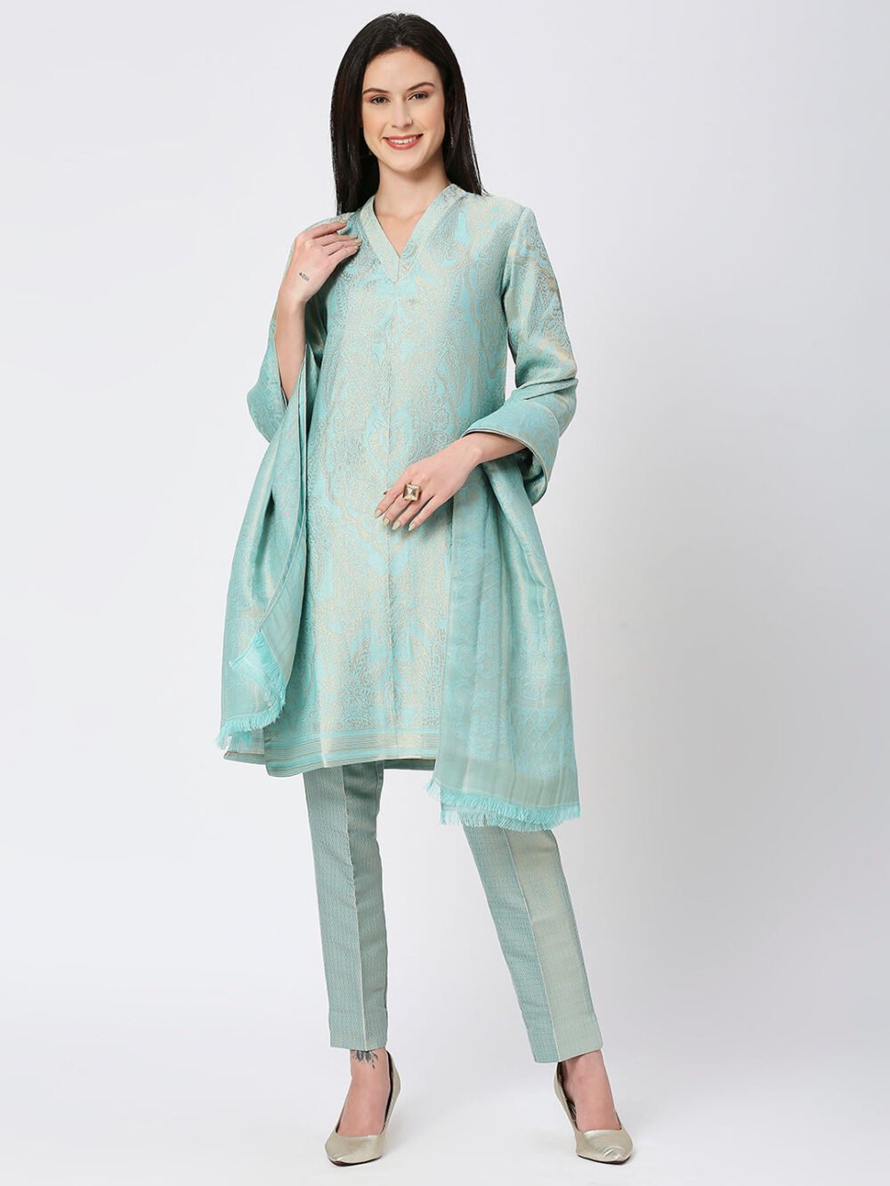 Brocade Pink Leaf Motif Design Kurta - Image 14