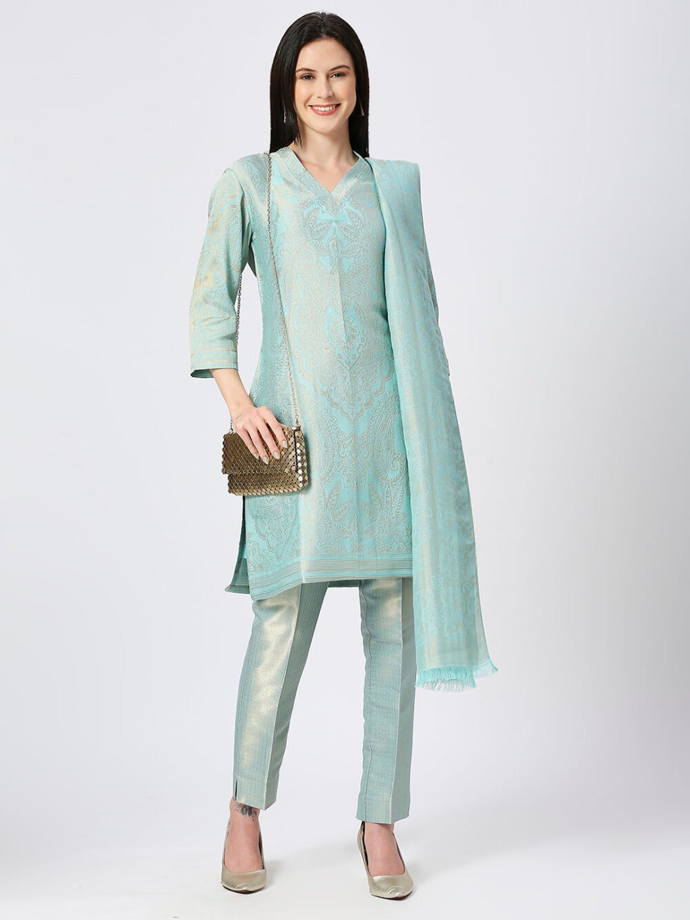Brocade Pink Leaf Motif Design Kurta - Image 15