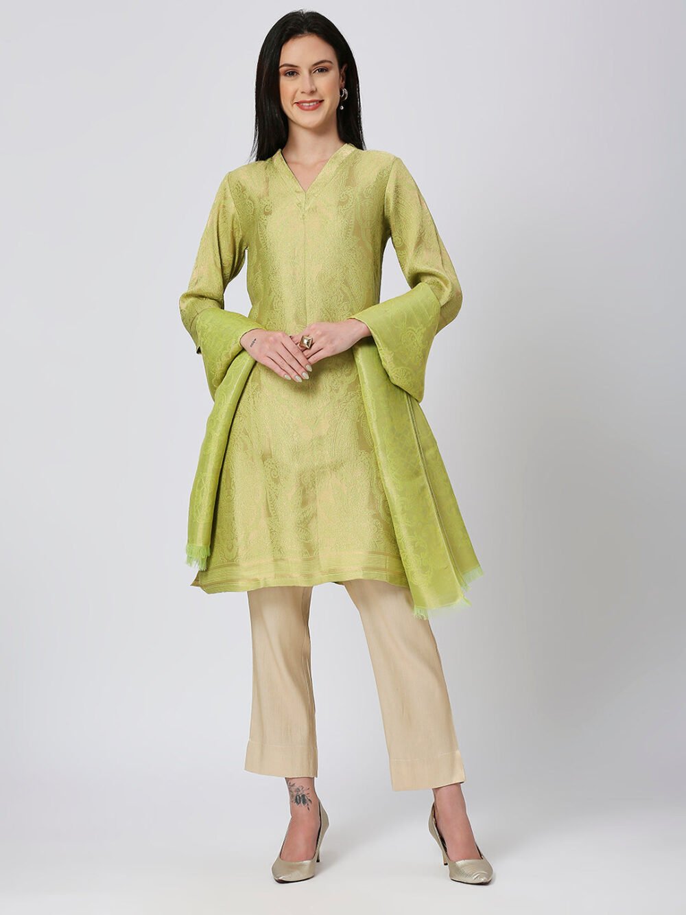 Brocade Pink Leaf Motif Design Kurta - Image 16