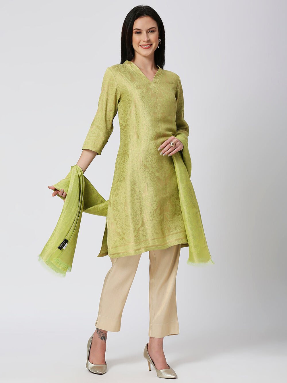 Brocade Pink Leaf Motif Design Kurta - Image 17