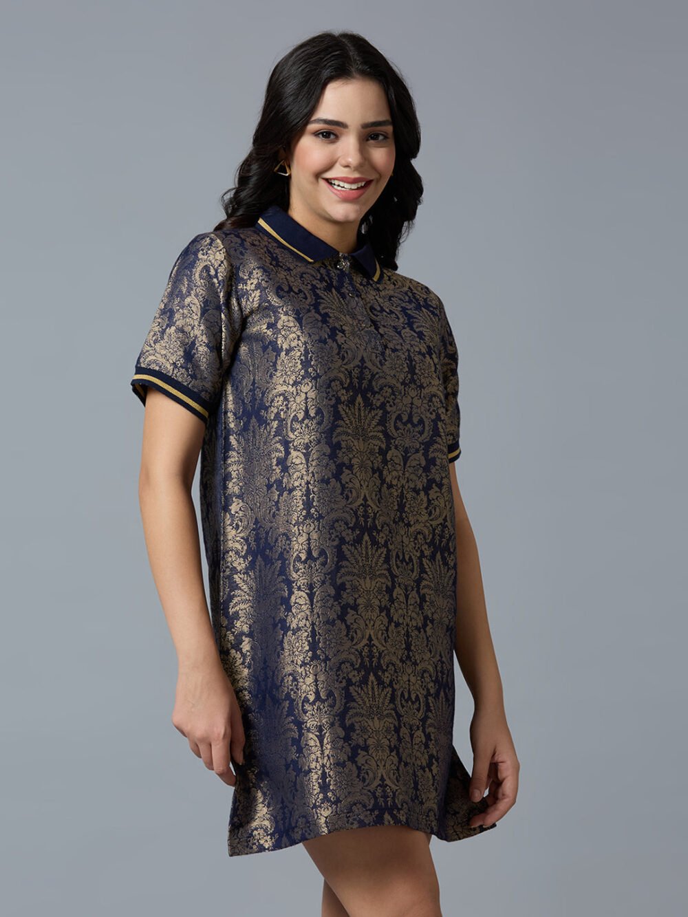 Navy Gold Tapestry Designed T-Shirt Dress - Image 4